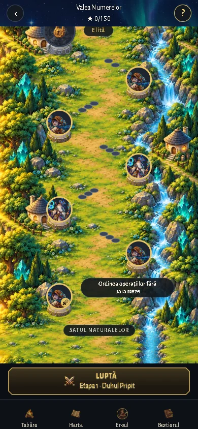 The map of the Valley of Numbers island, with stages along a path and the Battle button