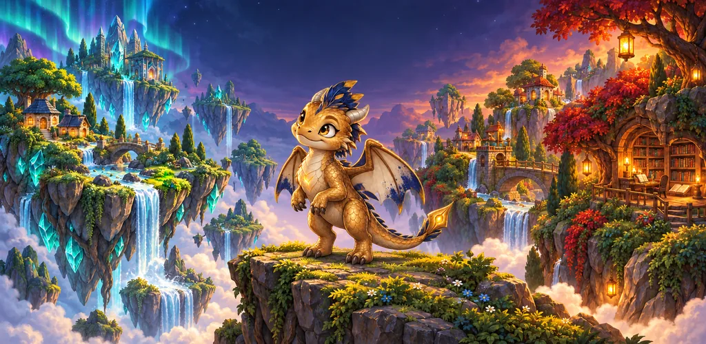 A small golden dragon on a rock, in front of floating islands with waterfalls, cottages and a library in a tree