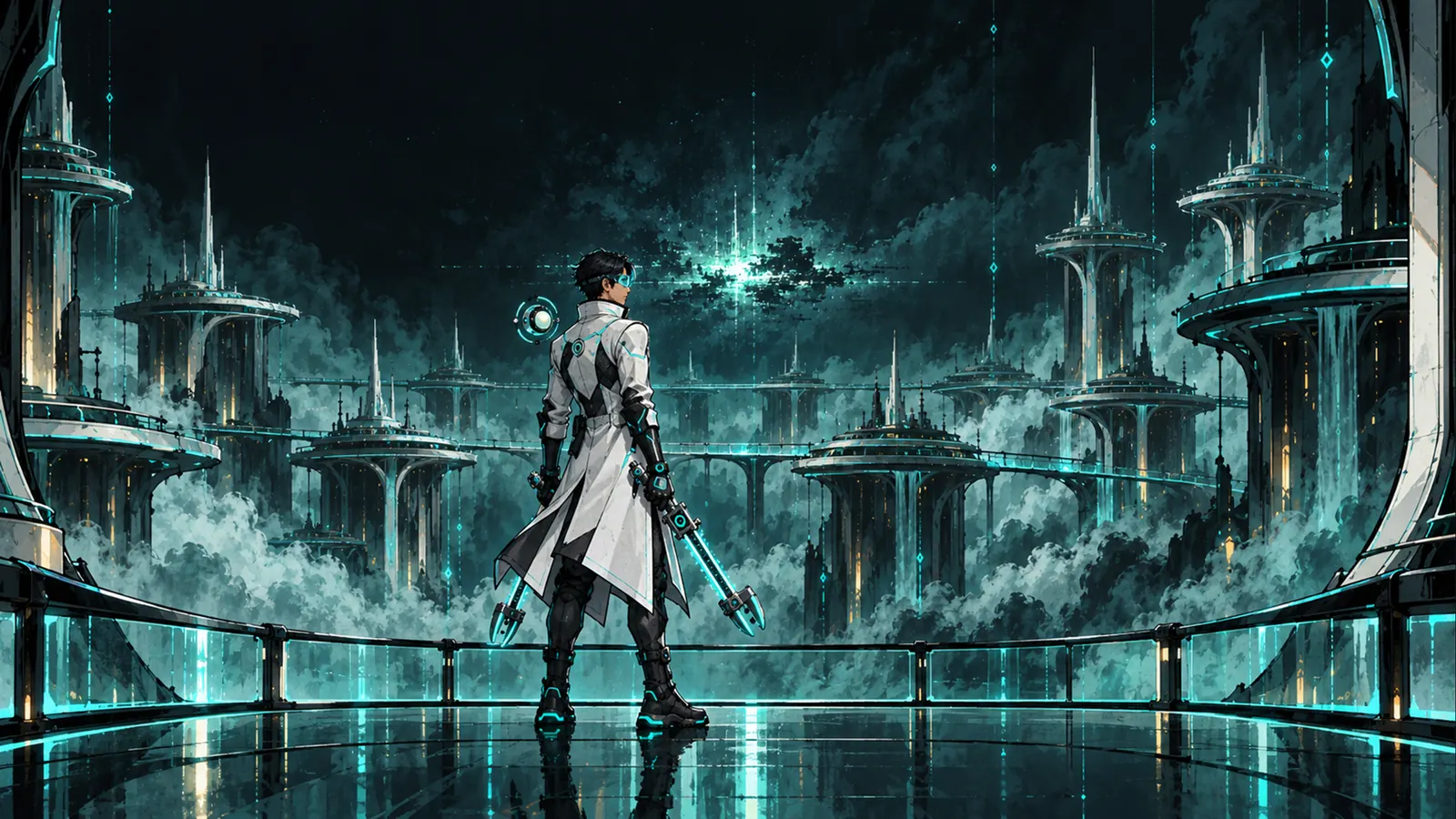 A radiologist in a white coat and glowing glasses looking over a futuristic city in teal mist